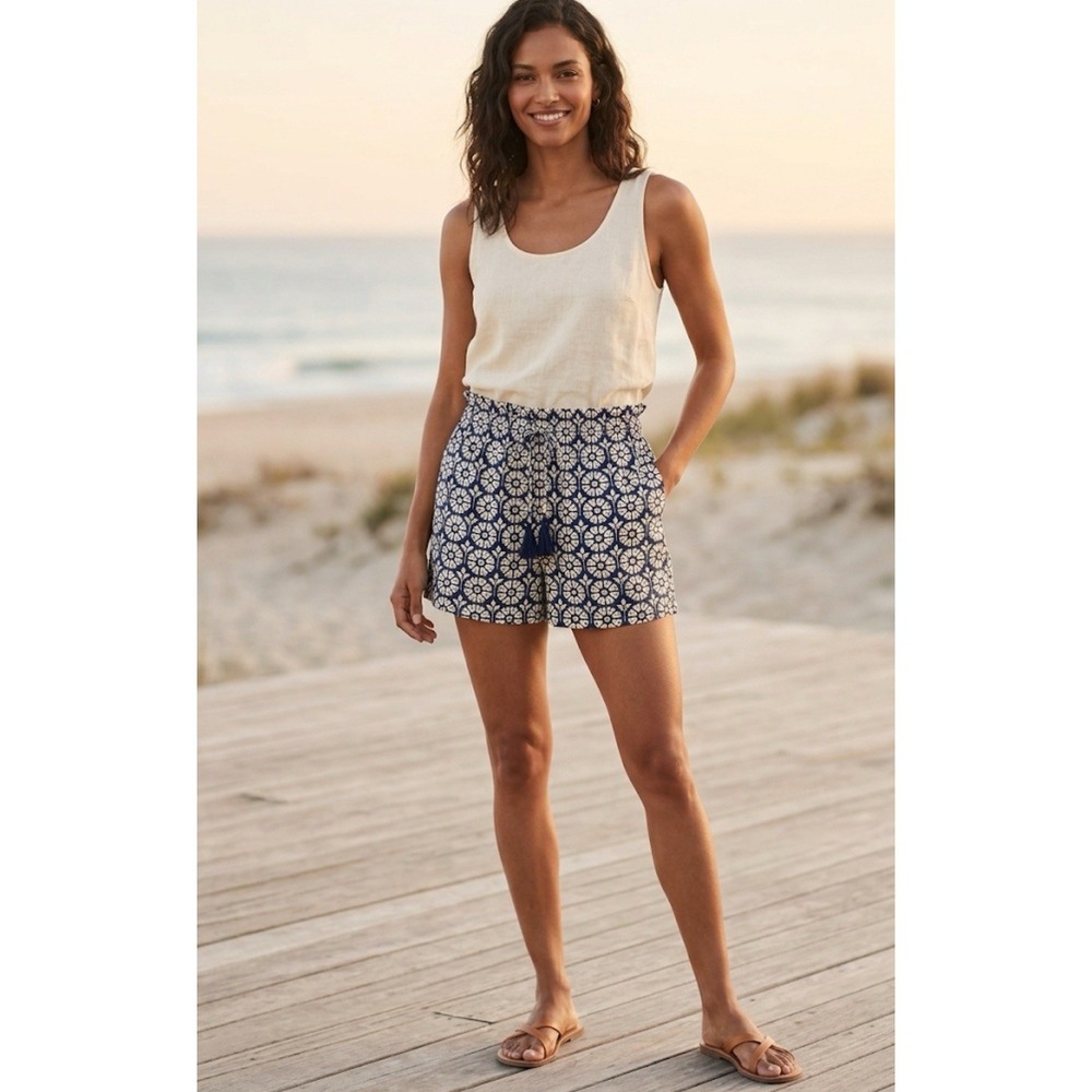 Roller Rabbit Navy Daisy Floral 9K6X2R Cinch waist pull on cotton shorts Size XL